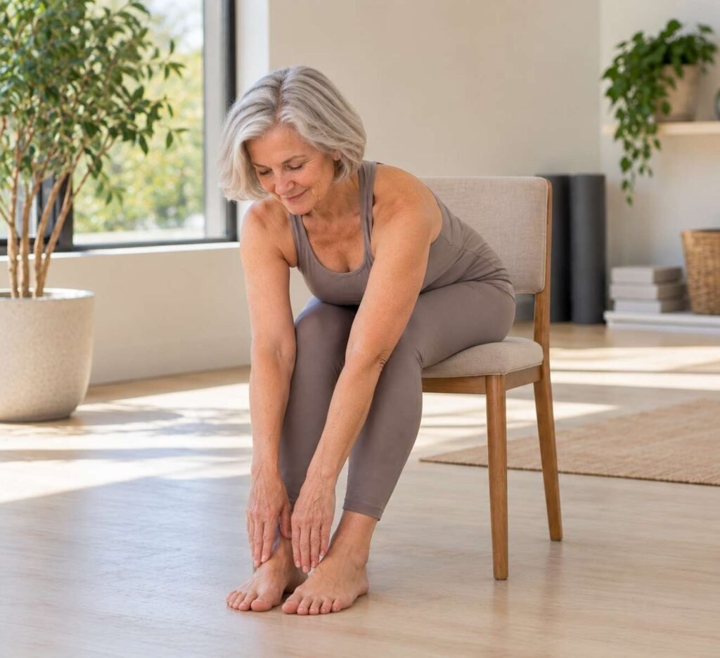 This chair yoga pose helps improve flexibility, relieve tension, and enhance posture. It's gentle on the body and perfect for seniors.