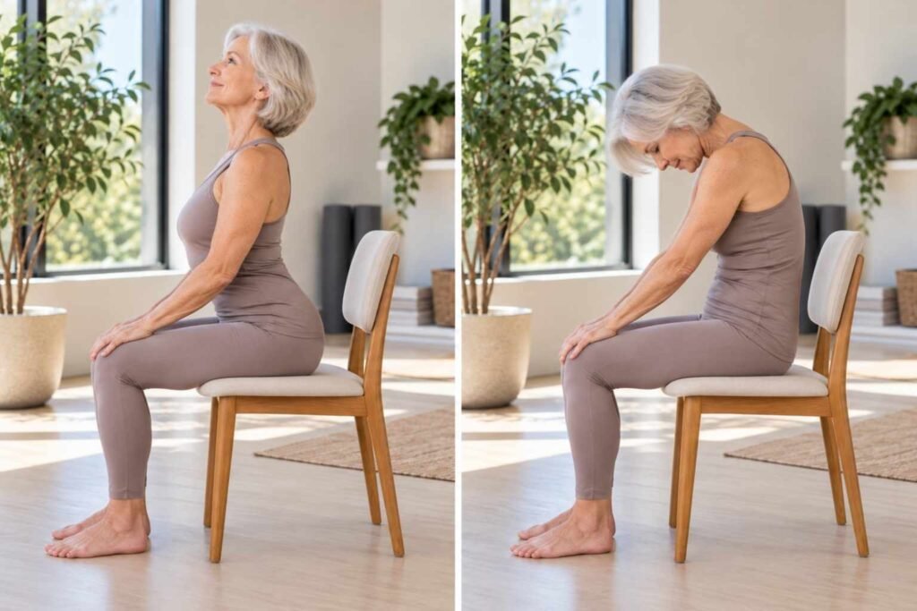 This stretch targets the back and shoulders, helping release tension and improve flexibility.
