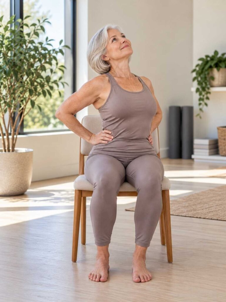 This seated side stretch is an excellent way for seniors to improve flexibility, especially in the spine and torso, while also reducing stress and improving posture.