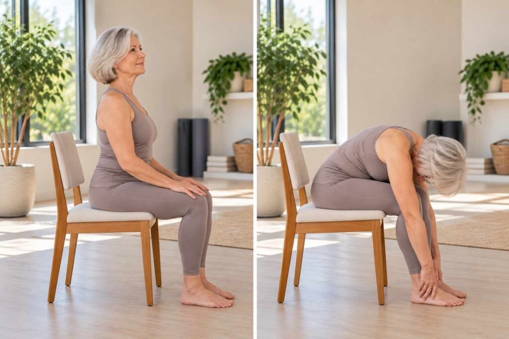 This gentle chair yoga pose stretches the lower back, hamstrings, and shoulders while helping improve flexibility and release tension throughout the body.