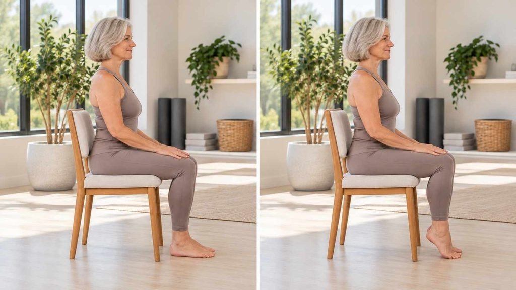 This gentle chair exercise helps strengthen the calf muscles and improve ankle mobility without placing too much pressure on the knees or hips.