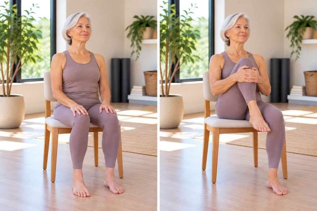  The Seated Knee to Chest stretch targets the lower back and hips. This gentle stretch helps release tension and improve flexibility in the hips and legs.