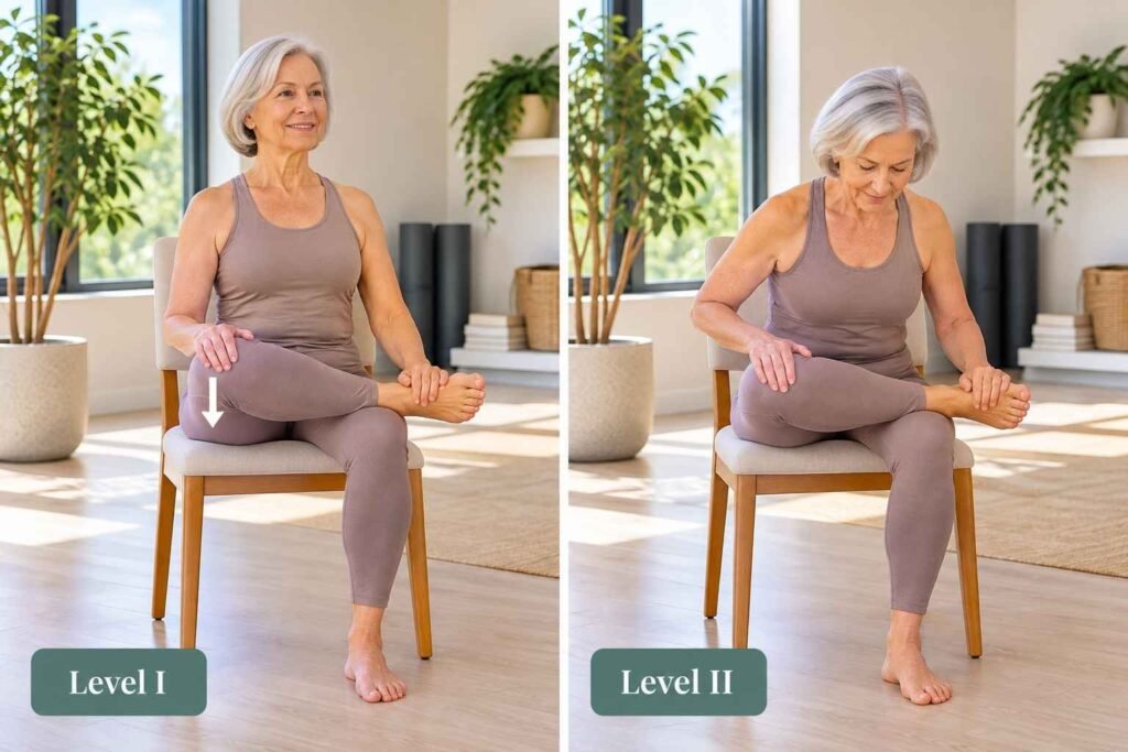 This stretch helps open the hips, enhance flexibility, and alleviate tension in the lower back.