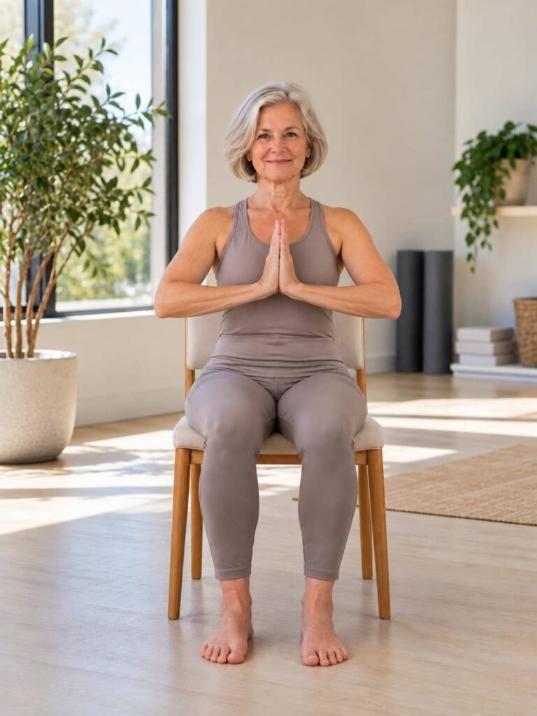 The Seated Prayer Pose is an effective stretch to open up the shoulders and chest, promoting better posture and calming the mind.