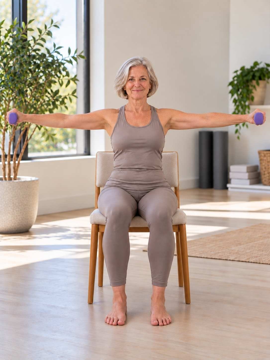This chair yoga exercise is designed to stretch and strengthen the shoulders and arms, improving posture and flexibility.