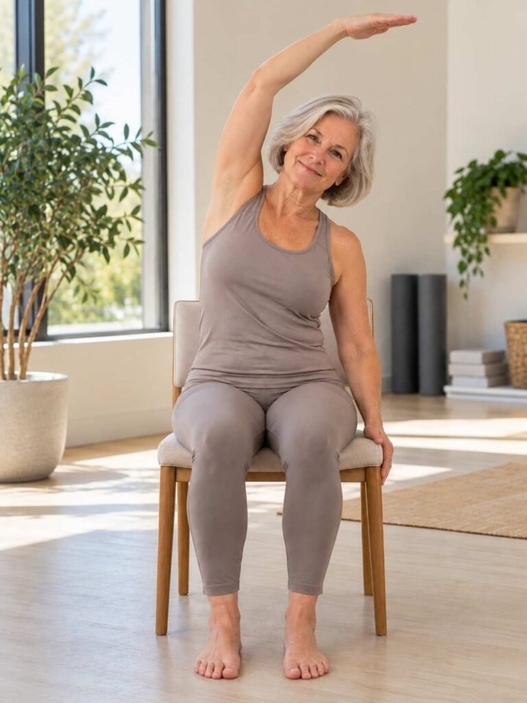 This chair yoga pose is designed to stretch the sides of the body and improve flexibility in the torso and arms.
