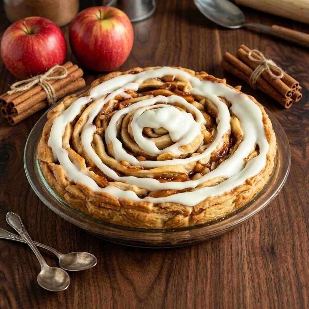Apple cinnamon roll pie brings two comforting desserts together in one beautiful creation. Soft cinnamon roll layers wrap around sweet baked apples, creating a combination of warm spices, buttery dough, and fruity filling.