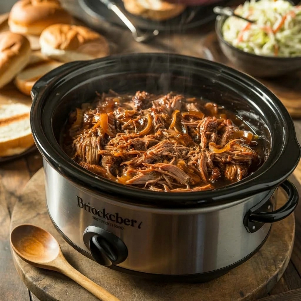 BBQ pulled pork is a slow cooker favorite made with tender pork shoulder, barbecue sauce, apple cider vinegar, and simple seasonings. The long cooking time helps the meat become soft, juicy, and easy to shred.