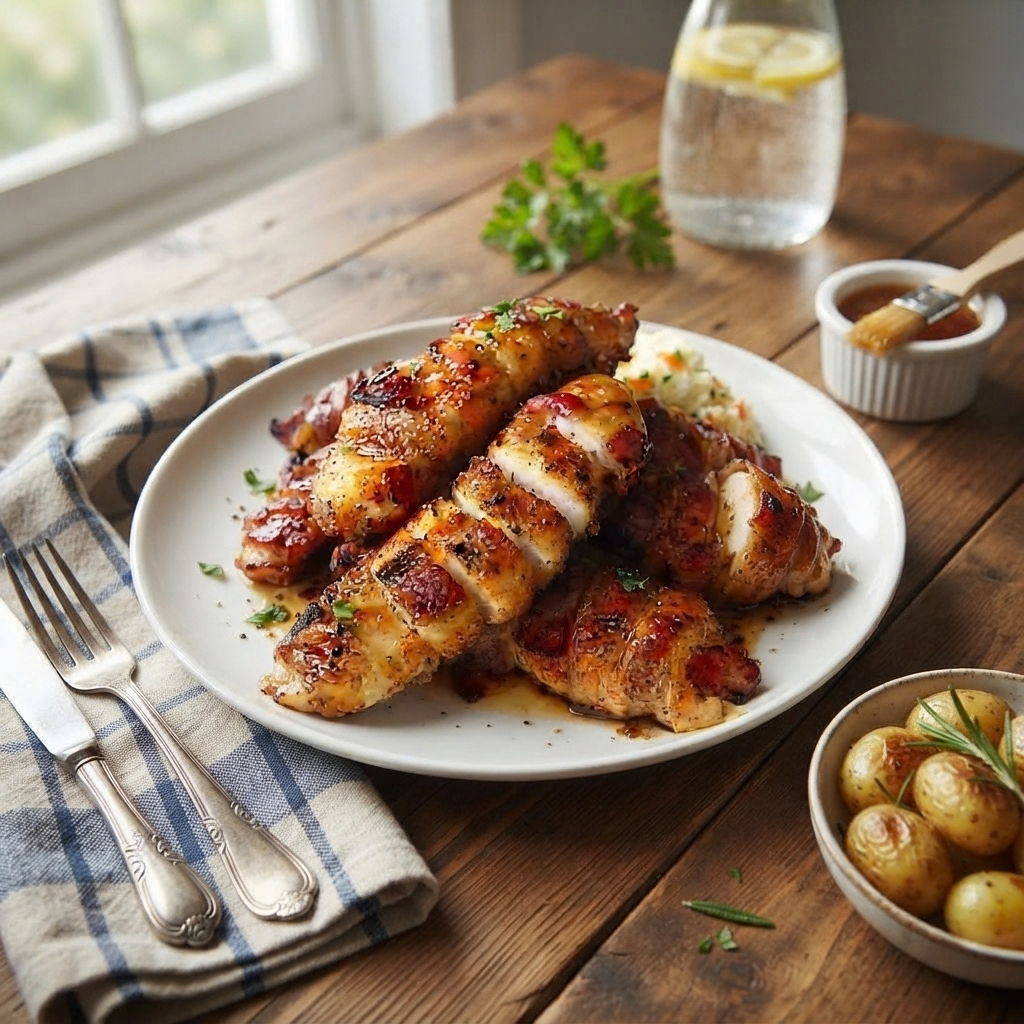a white plate holding sliced bacon-wrapped chicken glazed with a honey garlic sauce, set on a rustic wooden table alongside silverware on a checkered napkin, a small bowl of roasted baby potatoes, a jar of sauce with a brush, and a pitcher of water.