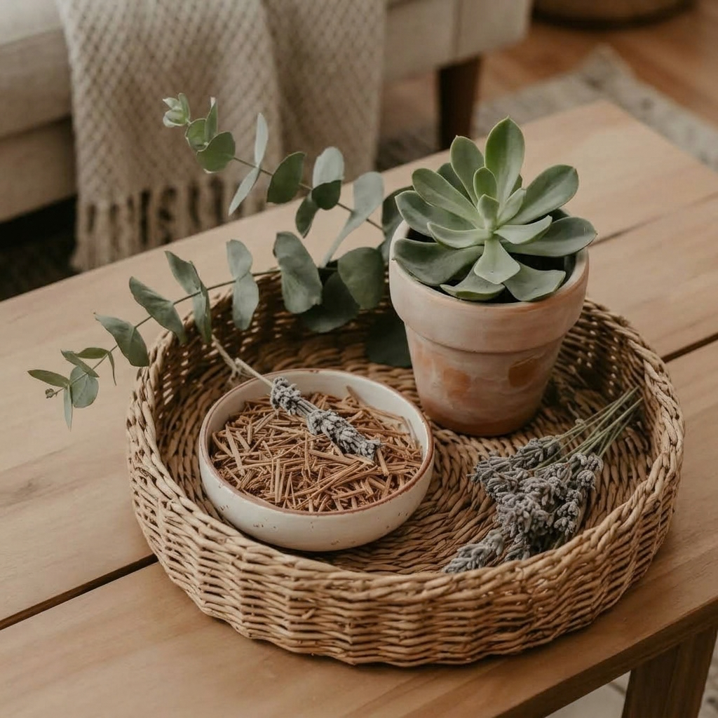 a circular woven wicker tray containing Boho Botanical decor, resting on a natural wood coffee table. Inside the tray, a terracota pot with a green succulent, a small ceramic bowl filled with dried botanicals, fresh eucalyptus branches, and dried lavender are visible. The entire round tray is shown on the tabletop, with a soft-focus background featuring a knit blanket on a sofa and wooden room elements.
