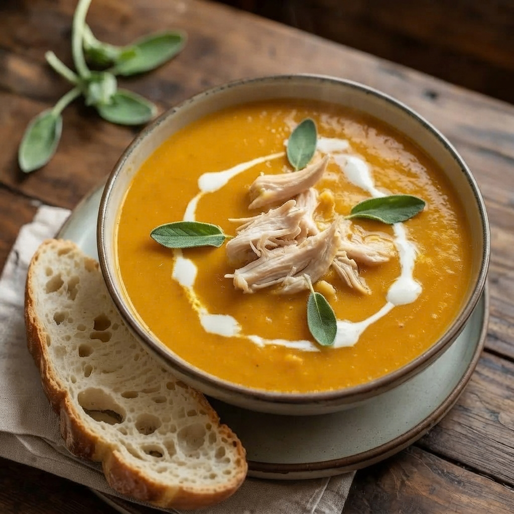 a ceramic bowl filled with smooth, bright orange butternut squash soup on a rustic wooden table. The soup is garnished in the center with tender shredded chicken, a decorative swirl of white cream, and several fresh sage leaves, with a thick slice of rustic crusty bread resting on the side.