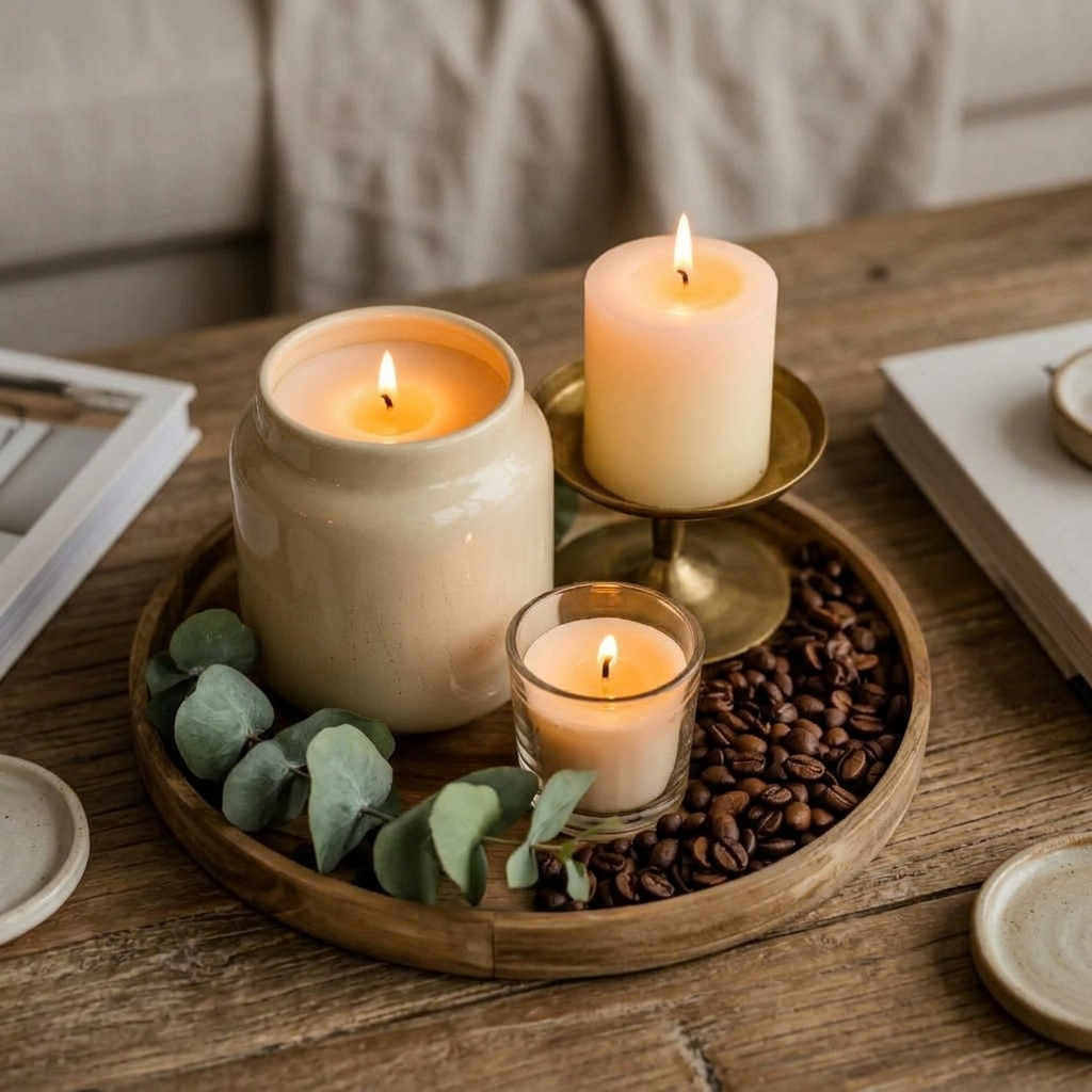 A round wooden tray on a rustic wooden coffee table featuring three lit white candles of varying sizes—one in a ceramic jar, one on a brass candlestick holder, and a small votive in a glass cup—surrounded by scattered roasted coffee beans and fresh eucalyptus leaves.