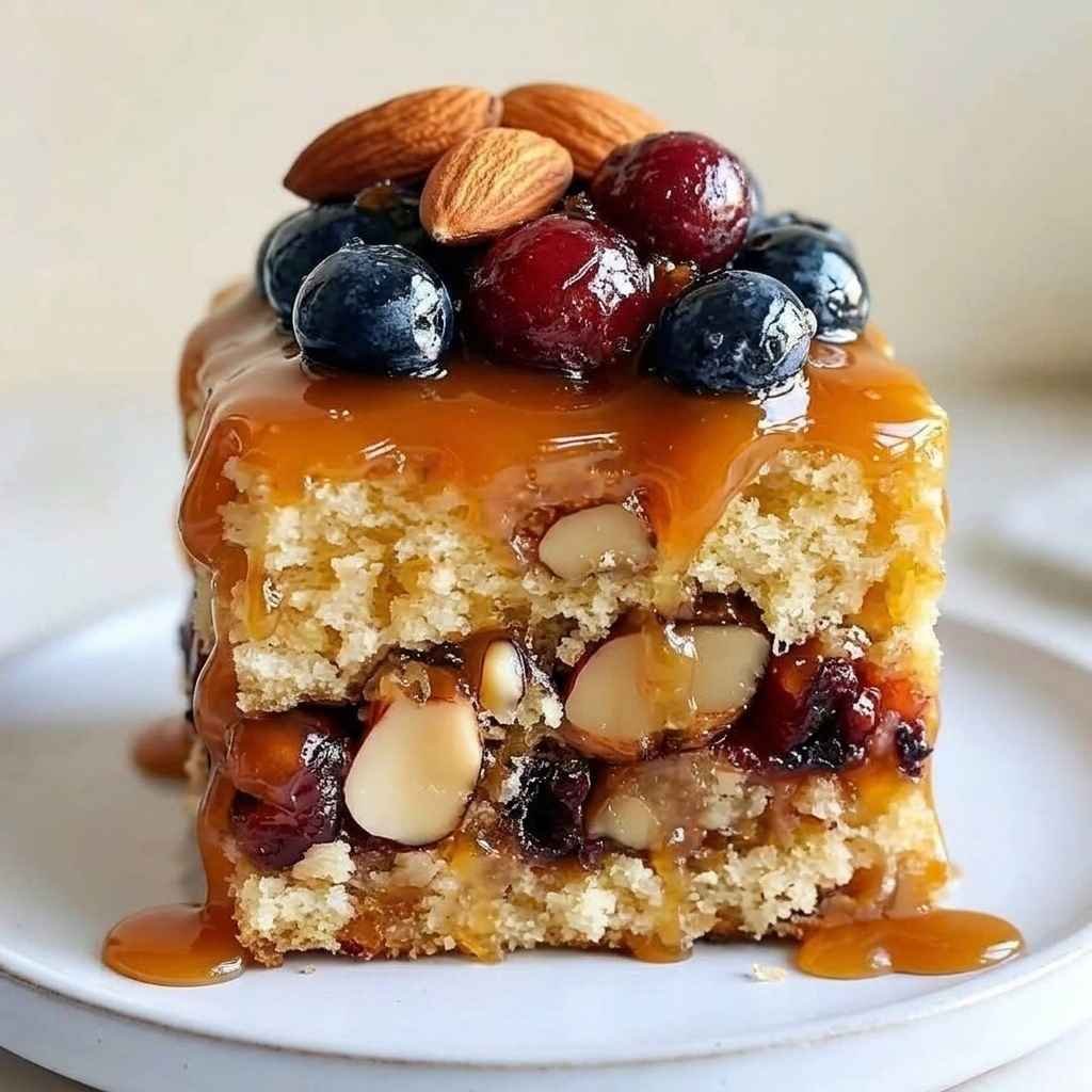 Caramel almond fruit cake brings together the richness of caramel with the fresh flavor of fruit and the delicate crunch of almonds. The soft cake base is balanced with bursts of fruity sweetness and a nutty finish in every slice.