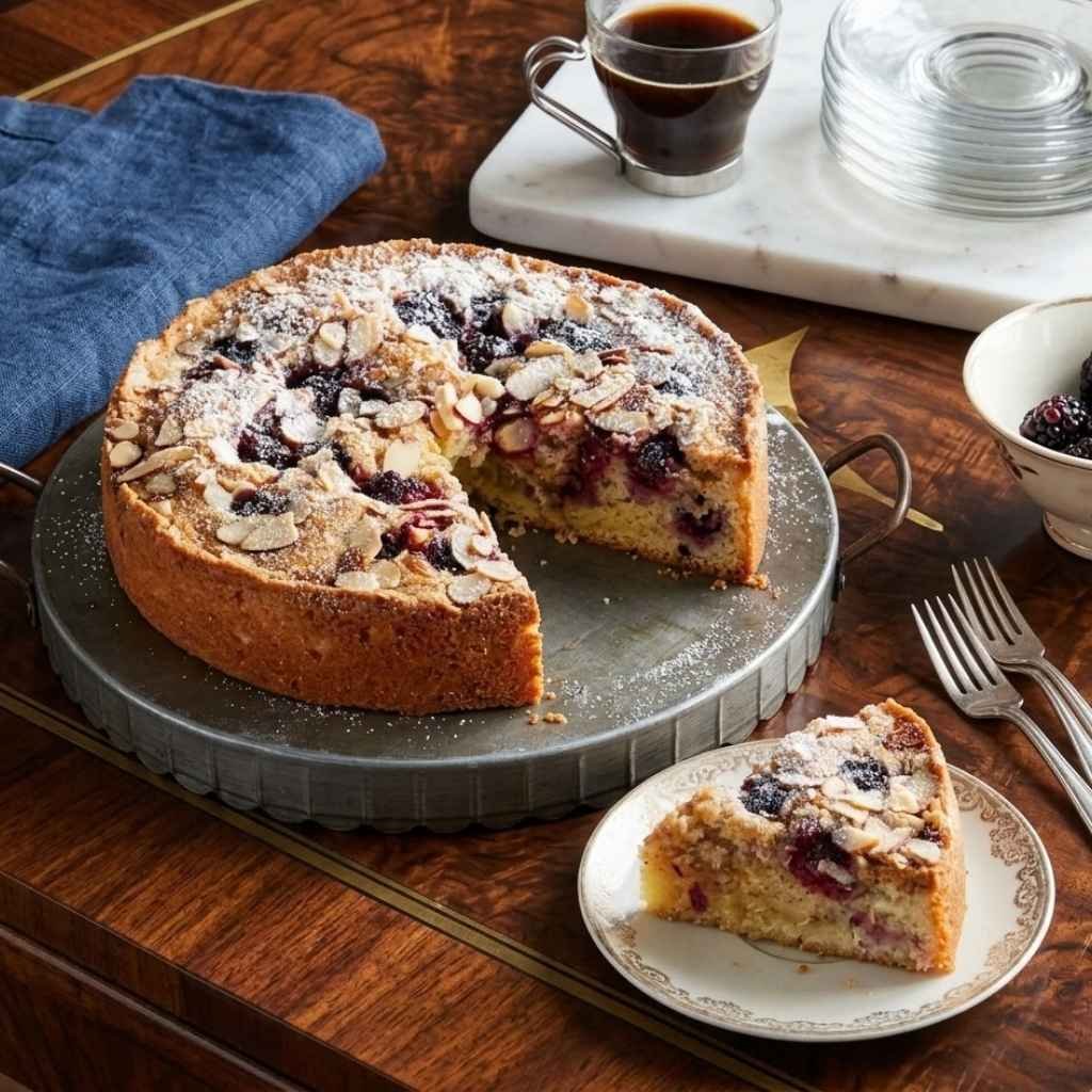 Berry almond coffee cake combines a tender cake base with juicy berries and a delicate almond topping for a dessert that feels fresh and comforting. The fruit adds a natural sweetness, while the almonds bring a light crunch that balances the soft texture.