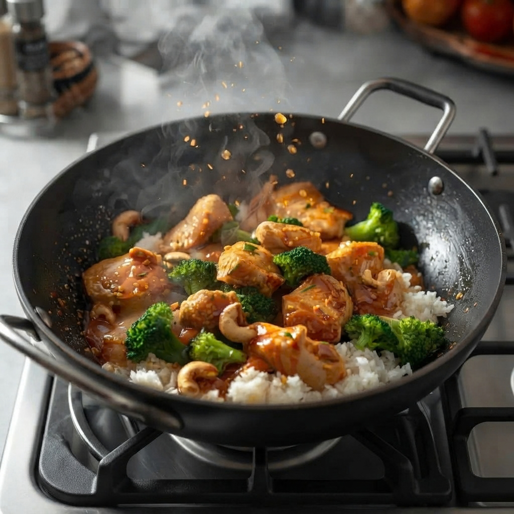 a black wok sitting on a gas stove, containing a freshly cooked stir-fry with chunks of chicken, broccoli florets, cashews, and white rice, with steam rising and spice flakes drifting above.