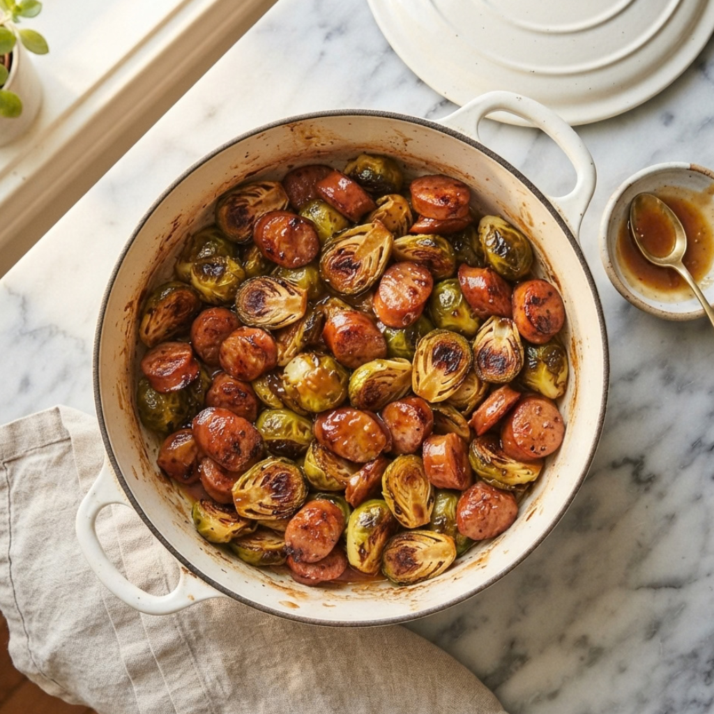 a white ceramic braiser containing caramelized Brussels sprout halves and browned chicken sausage rounds glazed in a maple dijon sauce, set on a white marble surface next to a matching pot lid and a small bowl of sauce with a spoon.