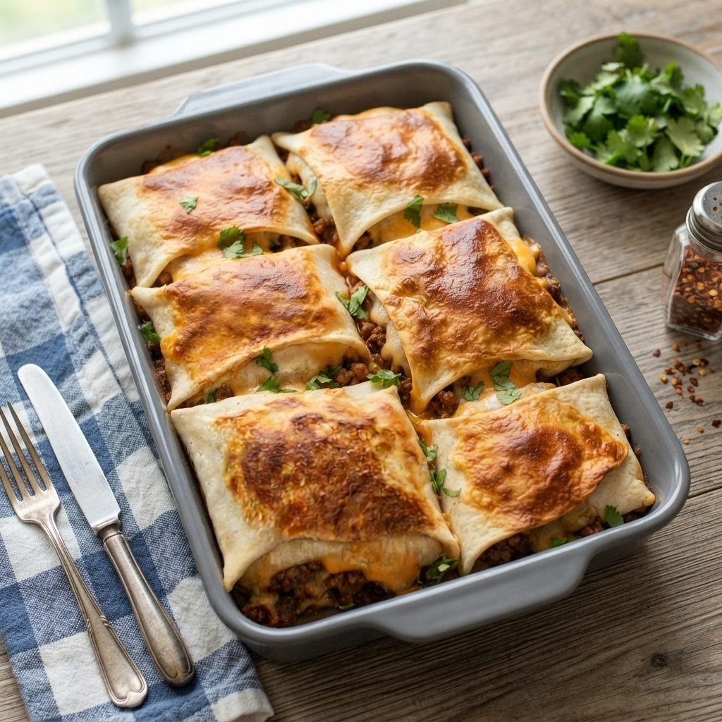a baked casserole dish featuring individually wrapped cheesy beef tortilla packets, garnished with herbs