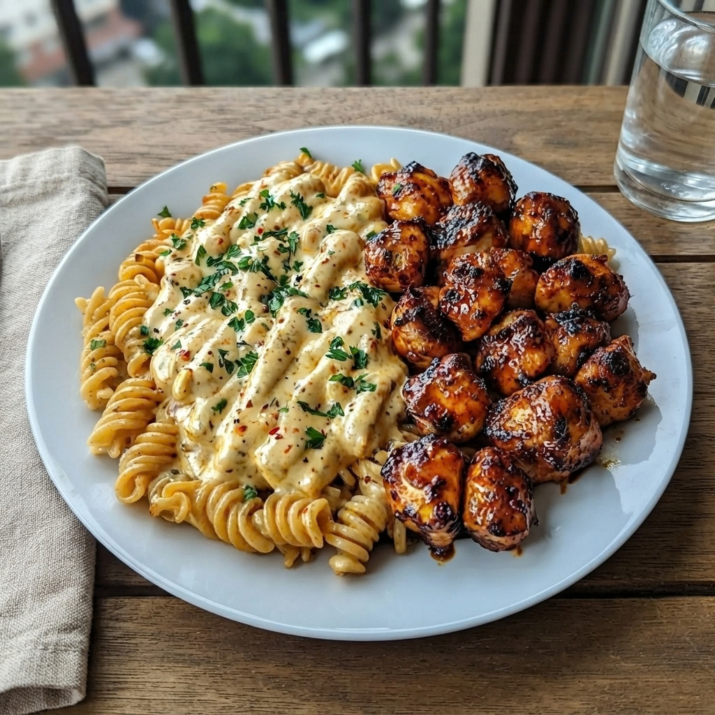 a white plate served on a rustic wooden table, filled with spiral rotini or fusilli pasta smothered in a rich, creamy sauce garnished with herbs, paired next to a pile of glazed, dark-seared honey garlic chicken bites.