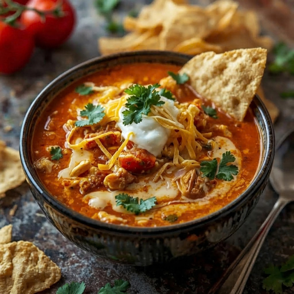 a dark bowl filled with vibrant red chicken enchilada soup. The savory soup is topped with melted cheese, a dollop of white sour cream, fresh green cilantro leaves, and a crispy tortilla chip dipping into the side, set against a rustic surface with cherry tomatoes and tortilla chips nearby.