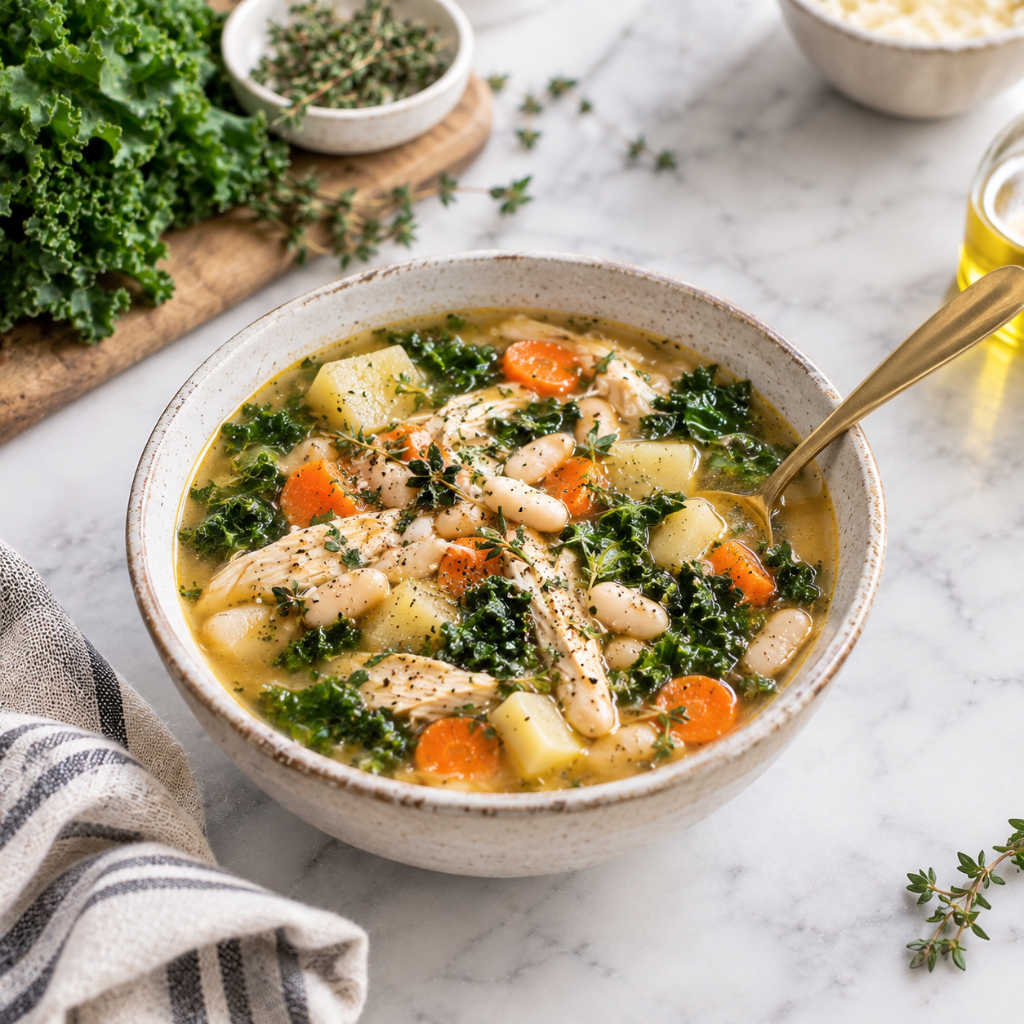 a rustic ceramic bowl filled with a steaming chicken, kale, and white bean soup. Tender shreds of chicken, vibrant green kale, cannellini beans, diced carrots, and potatoes are submerged in a golden broth, generously garnished with fresh thyme sprigs and cracked black pepper. A gold spoon rests in the bowl on the right. The soup sits on a white marble countertop alongside a wooden cutting board holding a large bunch of raw kale and a small bowl of thyme, a striped linen napkin on the bottom left, and a bowl of grated Parmesan cheese and olive oil in the blurred background. Natural light illuminates the scene from the left.