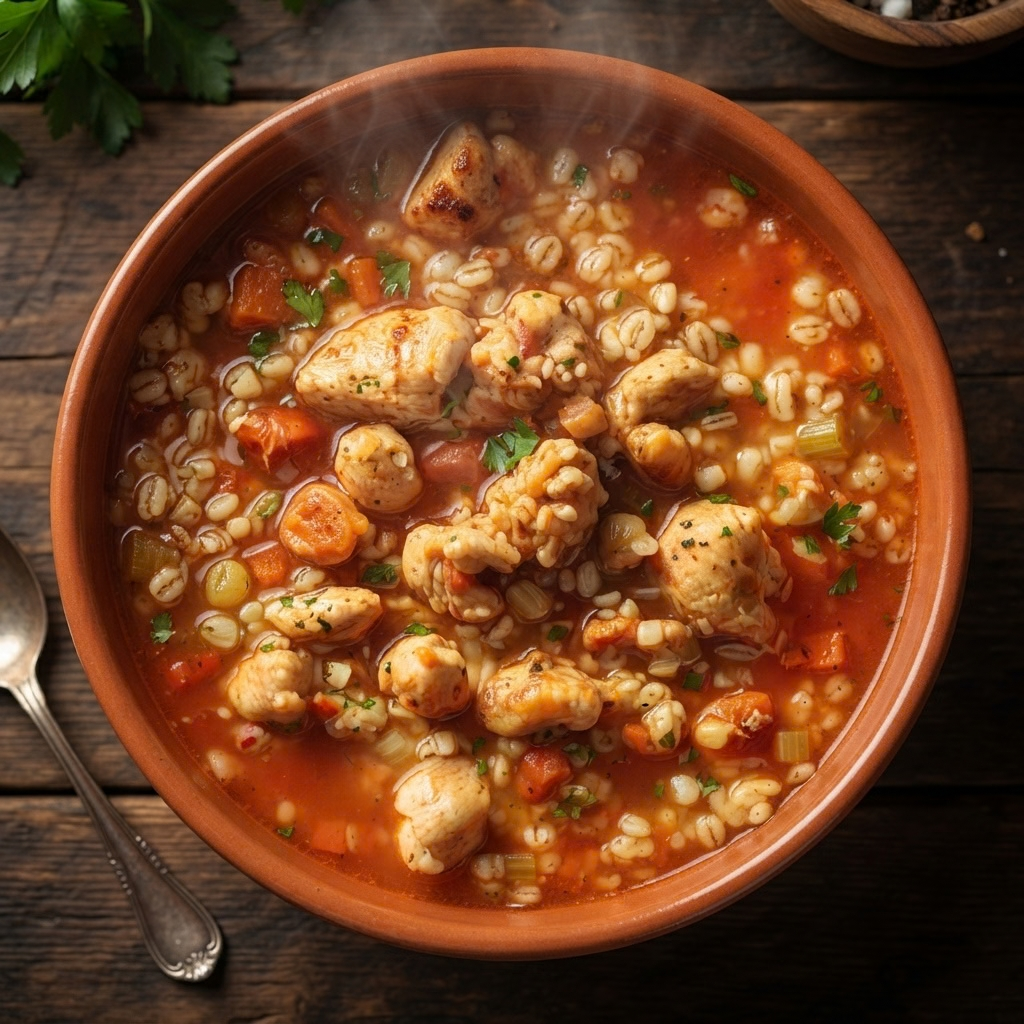 a rustic terracotta bowl filled with hot chicken and barley soup on a dark wooden table. The rich, savory broth is packed with tender pieces of chicken, plump barley grains, diced carrots, and herbs, with a silver spoon resting nearby.