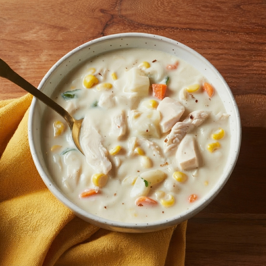 a ceramic bowl filled with a thick, creamy chicken and corn chowder. Tender chunks of poached chicken, golden corn kernels, diced carrots, and potatoes are visible within the off-white chowder, garnished with a few flecks of black pepper. A gold-colored spoon rests in the bowl on the left side. The bowl sits on a textured wooden table surface, with a folded yellow cloth napkin partially underneath it. Natural, even light illuminates the scene.