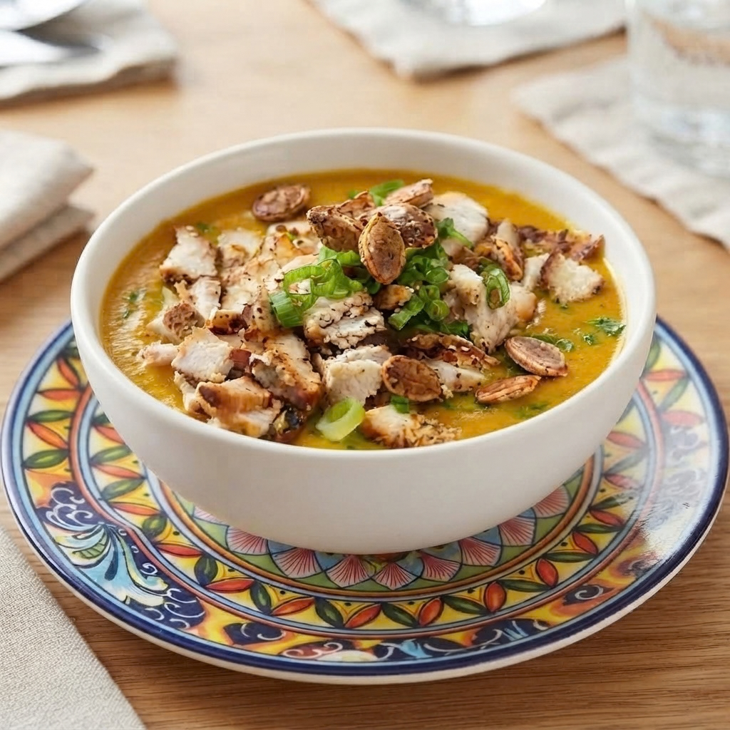 a white bowl of creamy, orange pumpkin soup centered on a large, decorative ceramic plate with a vibrant, intricate pattern in blues, yellows, greens, and reds. The soup is generously topped with diced, grilled chicken pieces, toasted pumpkin seeds, and chopped green onions. The bowl rests on a light wood table, with blurred out-of-focus elements of a linen napkin and another glass in the background. The lighting is warm and natural.