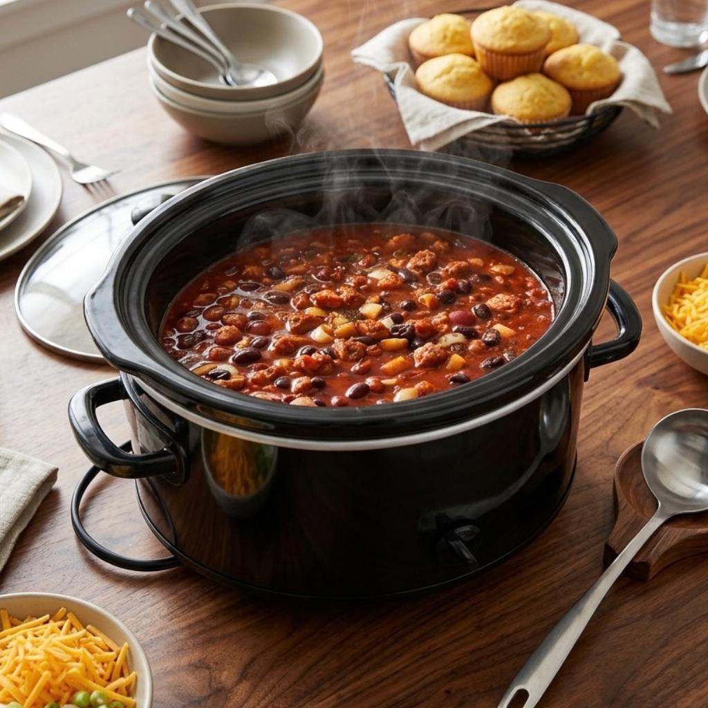 Classic crockpot chili is a hearty slow cooker meal made with ground beef or turkey, beans, tomatoes, onions, and warm spices. The slow cooking process allows the flavors to blend together into a rich and comforting dish.