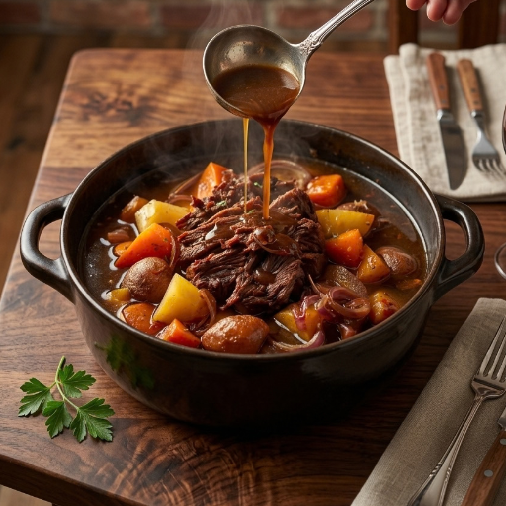 lassic pot roast is a comforting crockpot meal made with tender beef roast, baby potatoes, carrots, onions, and a savory broth. Slow cooking allows the meat to become soft and flavorful while the vegetables soak up all the rich flavors.
