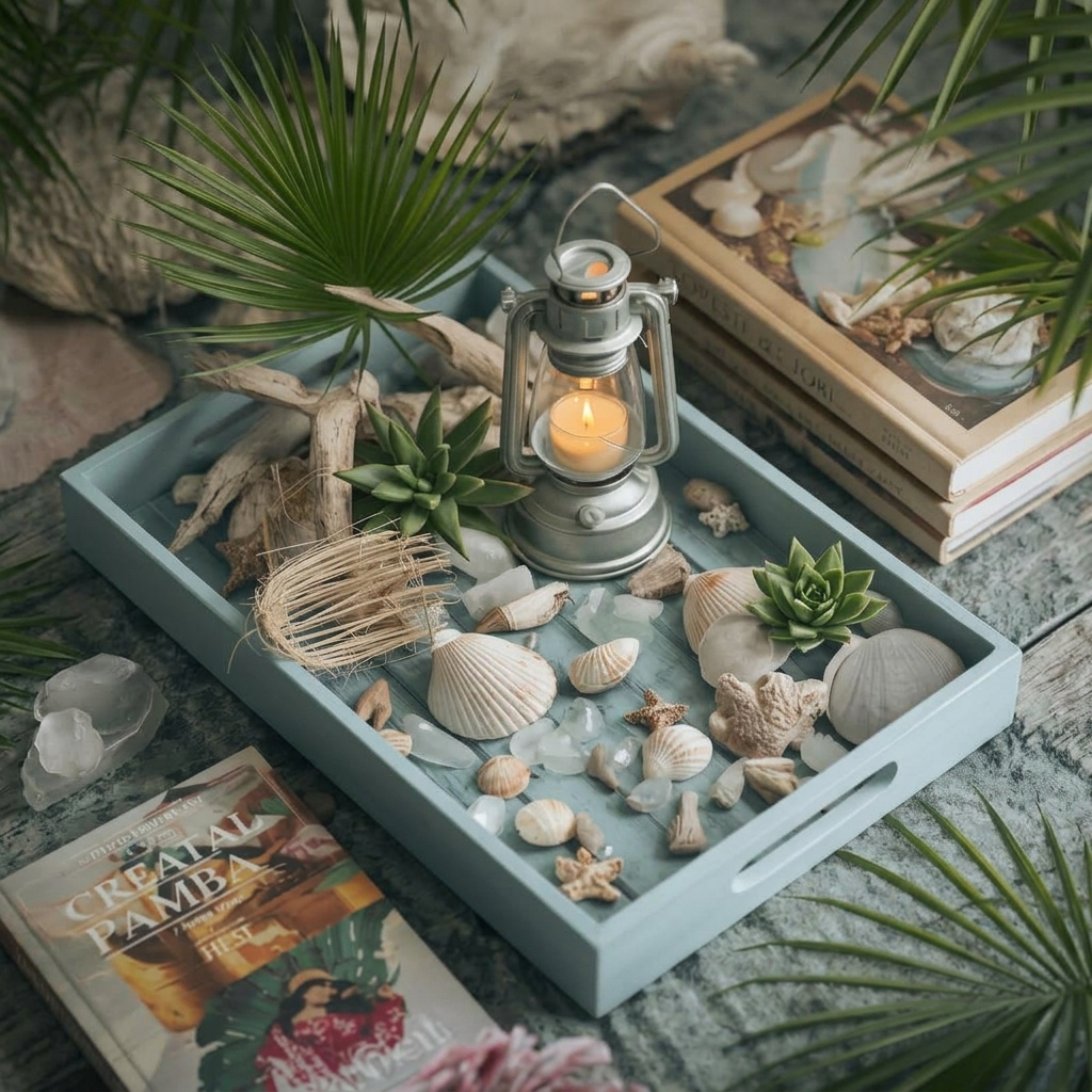 a rectangular light blue-gray wooden tray filled with coastal-inspired decor on a weathered gray-wooden coffee table. In the center of the tray, a small silver lantern holds a lit candle, surrounded by an assortment of seashells, starfish, coral, and frosted sea glass. Weathered driftwood, small green succulents, a woven fiber pouch, and palm leaves complete the tray's seaside theme. The entire tray is visible, with stacked vintage art books on the top right and another book on the bottom left, framed by green palm plants on a natural indoor table.