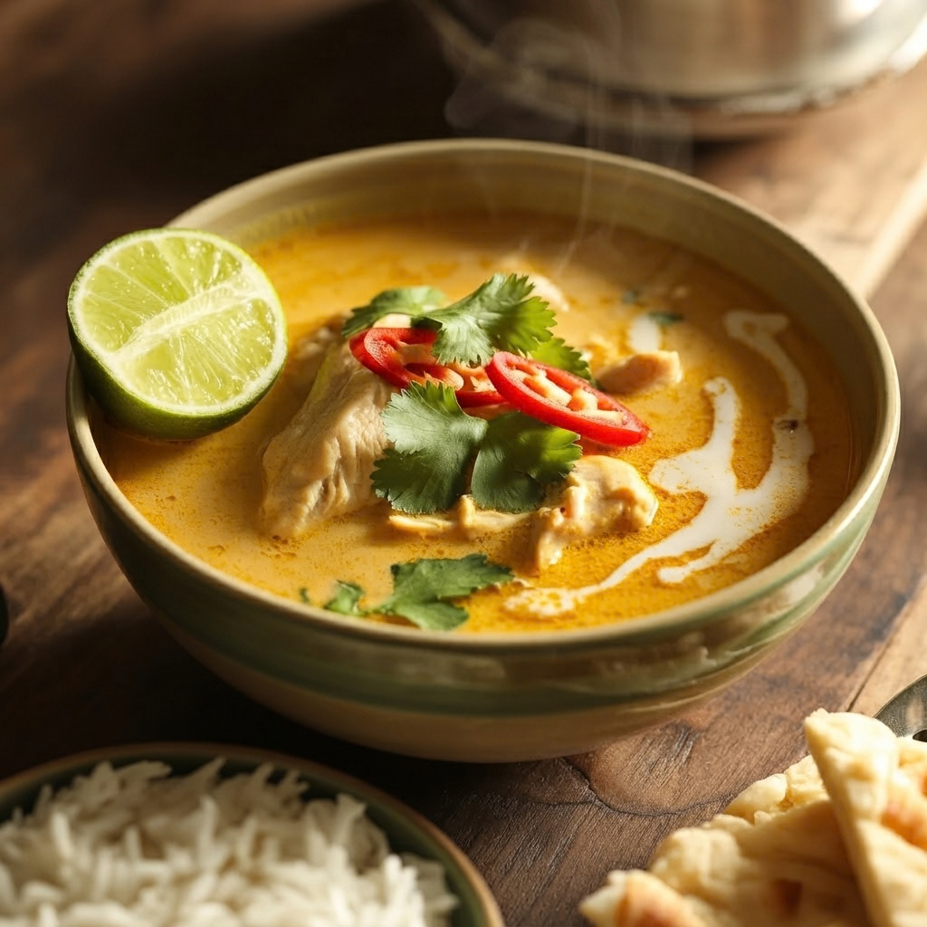 a steaming bowl of golden-orange coconut curry chicken soup. Tender pieces of poached chicken are submerged in the creamy broth, garnished with fresh cilantro leaves, sliced red chili peppers, and a swirl of coconut cream. A fresh lime wedge sits on the left rim of the bowl. The bowl rests on a rustic wooden table, with a portion of a bowl of white rice in the lower-left and some naan bread in the lower-right corner. Natural, warm light illuminates the scene.