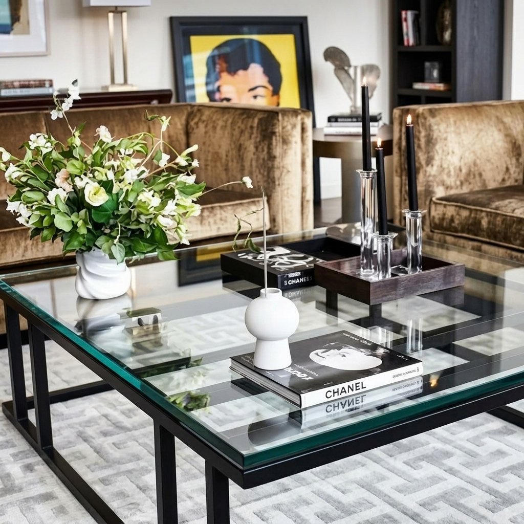 a contemporary glass-top coffee table with a black metal frame, styled as table decor in a modern living room. On the left side of the table sits a textured white ceramic vase with leafy green and white floral arrangements. On the right, a dark brown wooden tray holds tall clear glass taper holders with black candles. Near the center, a white bulbous vase is placed on stacked art books, featuring a 'CHANEL' book on top. The background includes brown velvet armchairs, framed wall art, and bookshelves, all completely in focus.