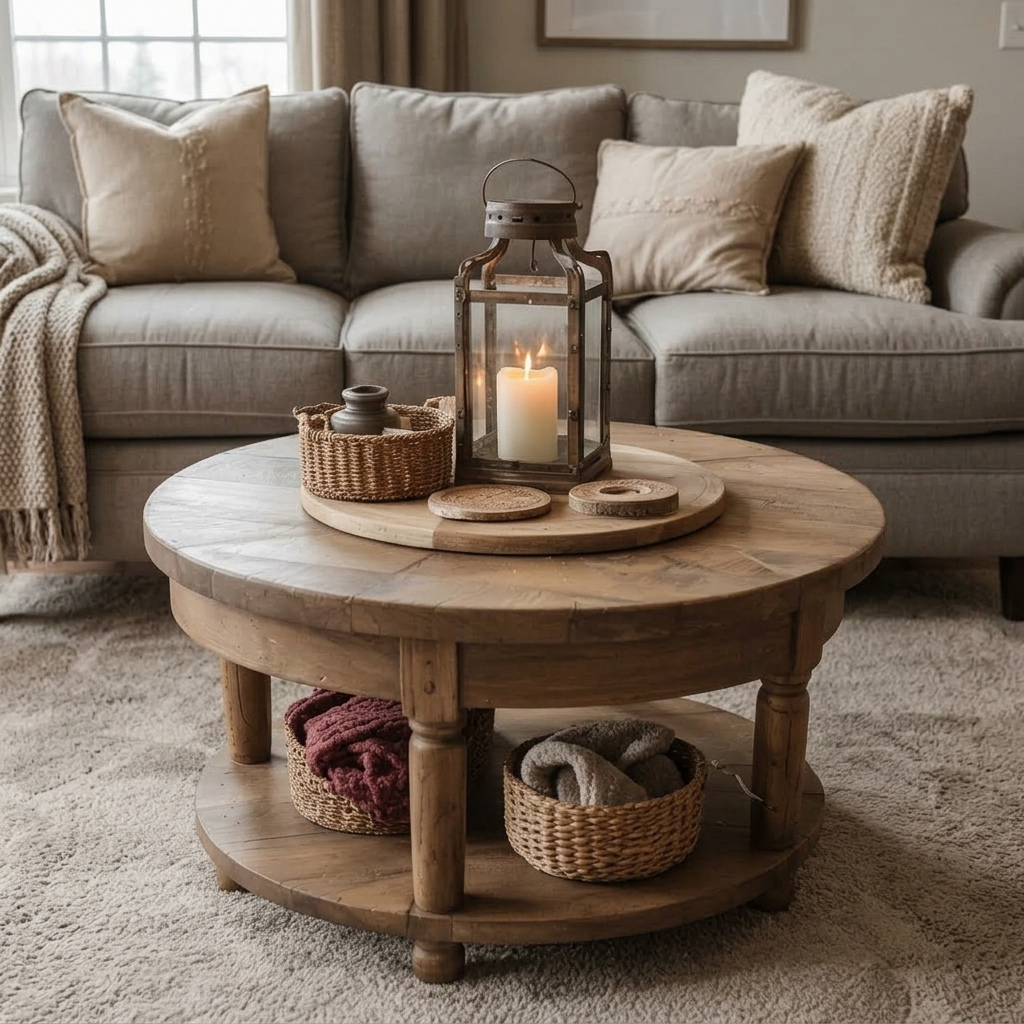 rustic living room featuring a round, two-tiered wooden coffee table. On the top tier, a round wooden tray holds a rusted metal lantern with a lit pillar candle, a small woven basket, and natural coasters. On the bottom tier, two woven baskets filled with folded blankets are fully visible. The coffee table rests on a textured carpet, with a plush gray fabric sofa adorned with neutral-toned throw pillows and a knit blanket in the background, all naturally framed to show the complete setup under soft, ambient daylight."