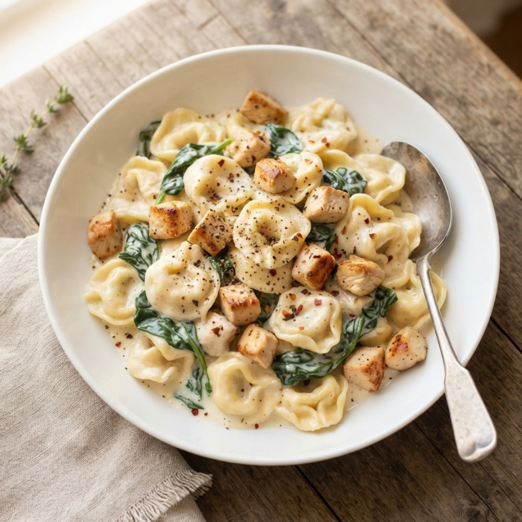 a white ceramic bowl filled with tortellini pasta, wilted green spinach, and browned chicken pieces, all coated in a rich, creamy sauce sprinkled with black pepper and chili flakes, resting on a rustic wooden table.