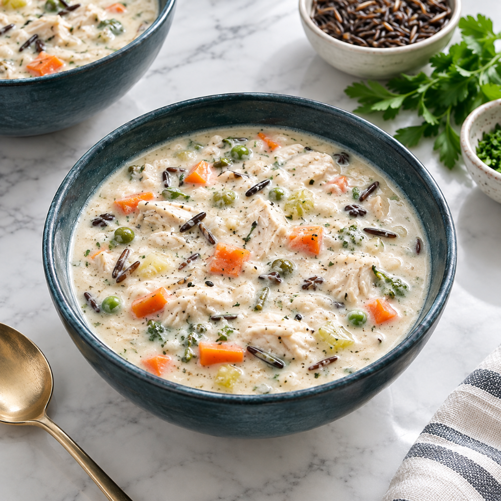 a dark blue bowl filled with thick, creamy chicken and wild rice soup set on a white marble surface. The rich broth is filled with tender chunks of chicken, diced carrots, green peas, and dark wild rice grains, with a golden spoon and a striped napkin resting nearby.