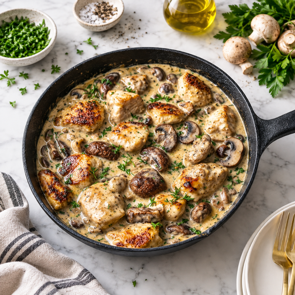A cast iron skillet filled with creamy garlic mushroom chicken garnished with herbs, set on a white marble countertop.