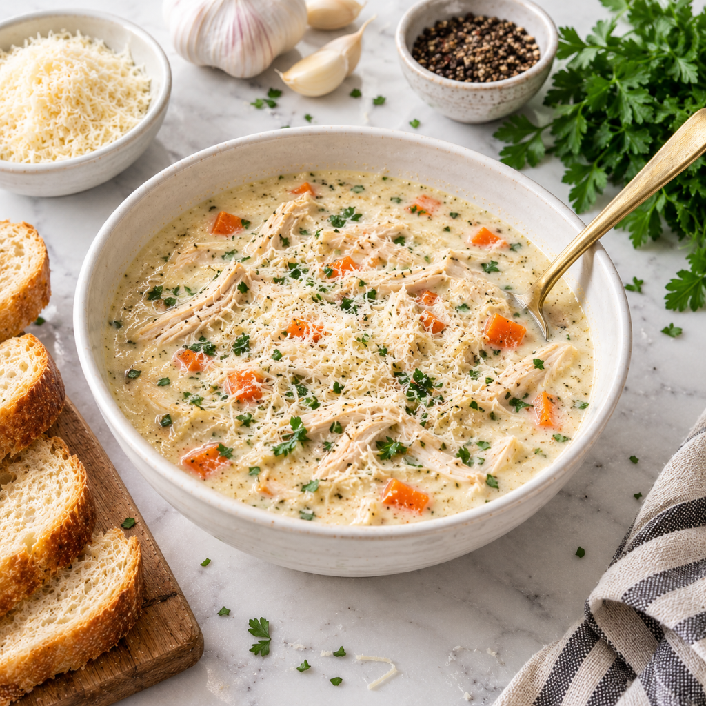 a white ceramic bowl filled with rich, creamy garlic parmesan chicken soup on a marble countertop. The soup is garnished with shredded chicken, bright orange carrot pieces, chopped parsley, and a dusting of grated parmesan cheese, accompanied by a golden spoon, a wooden board with sliced crusty bread, and small bowls of grated cheese and peppercorns.