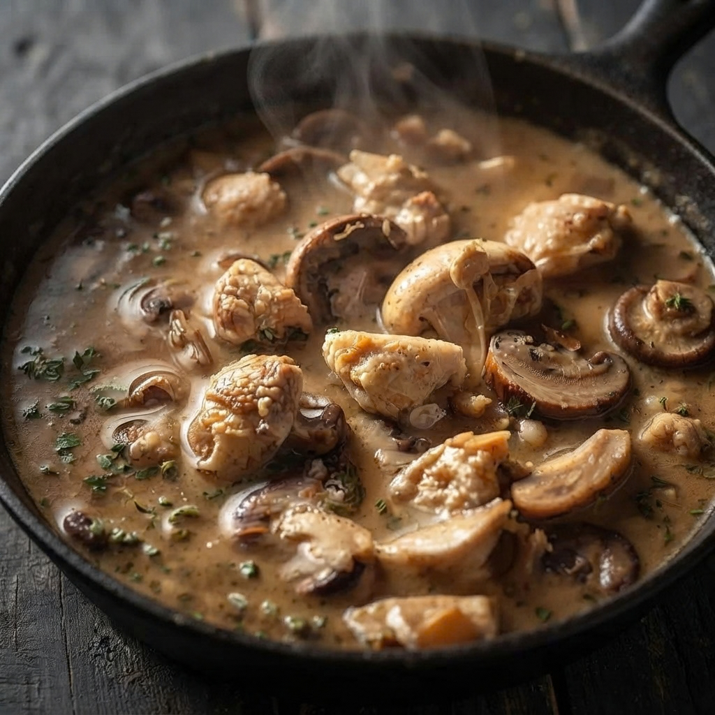 a dark cast-iron skillet filled with steaming, rich creamy mushroom and chicken soup on a dark surface. The savory broth is filled with thick slices of brown mushrooms, tender chunks of chicken, and a garnish of fresh herbs.   Functional/Short: A steaming skillet of creamy mushroom and chicken soup.