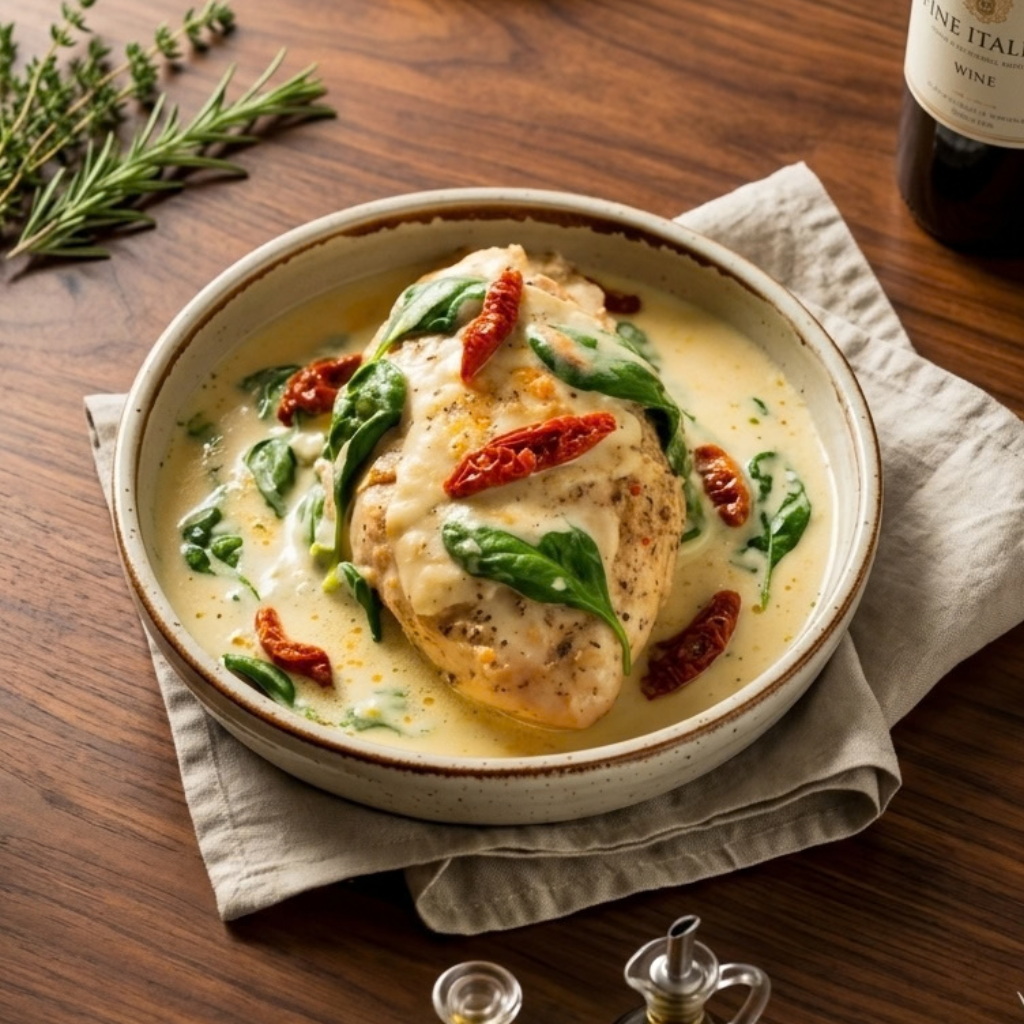 Creamy Tuscan chicken is a rich crockpot meal made with tender chicken, heavy cream, Parmesan cheese, sun-dried tomatoes, spinach, and Italian seasonings. The slow cooking process helps create a creamy sauce while keeping the chicken juicy and flavorful.