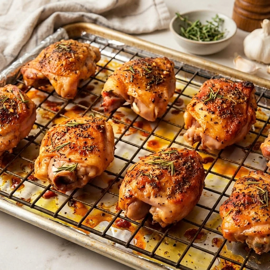 Crispy Chicken Thighs with Herbs and Garlic" (based on image_7.png) displayed fully on a wire cooling rack on a kitchen counter, showing the entire dish without any zoom or blur. The metal rack, resting inside a foil-lined baking sheet, holds eight bone-in, skin-on chicken thighs, each with a golden-brown, heavily crisped skin topped with visible dried herbs, rosemary sprigs, and bits of garlic. Glistening juices and pan drippings are scattered on the tray below the rack. The entire tray is in sharp focus, capturing the rich, natural golden-crispy textures. A kitchen towel, a bowl of fresh herbs, and garlic bulbs rest on the light-colored countertop in the background, completing the natural kitchen scene.