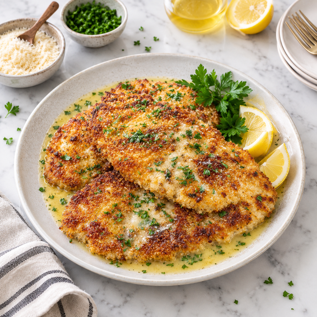 Crispy Parmesan chicken cutlets served in a lemon butter sauce on a plate with lemon wedges and parsley.
