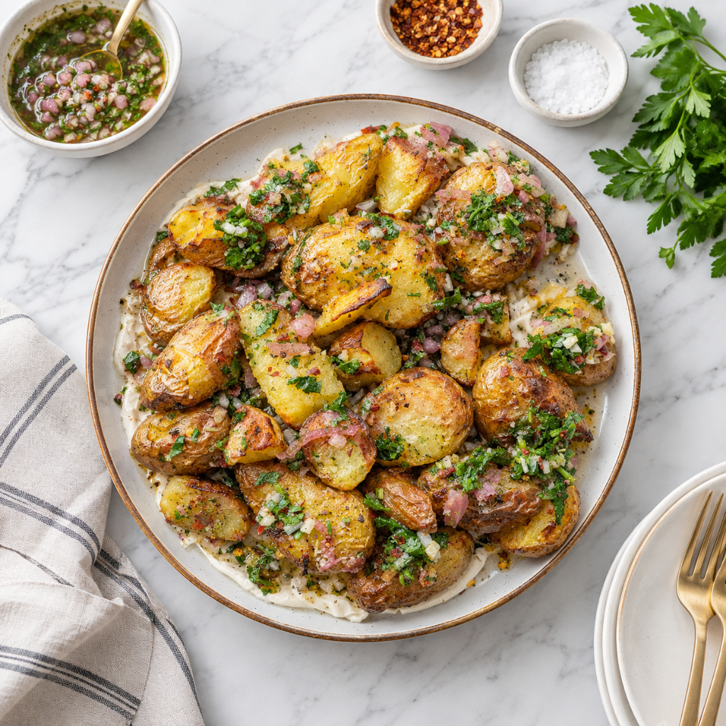 a round ceramic plate piled with golden-brown crispy smashed potatoes layered over a creamy base, generously topped with a bright herb and shallot vinaigrette, set on a marble countertop next to small bowls of dressing, chili flakes, sea salt, and fresh parsley.