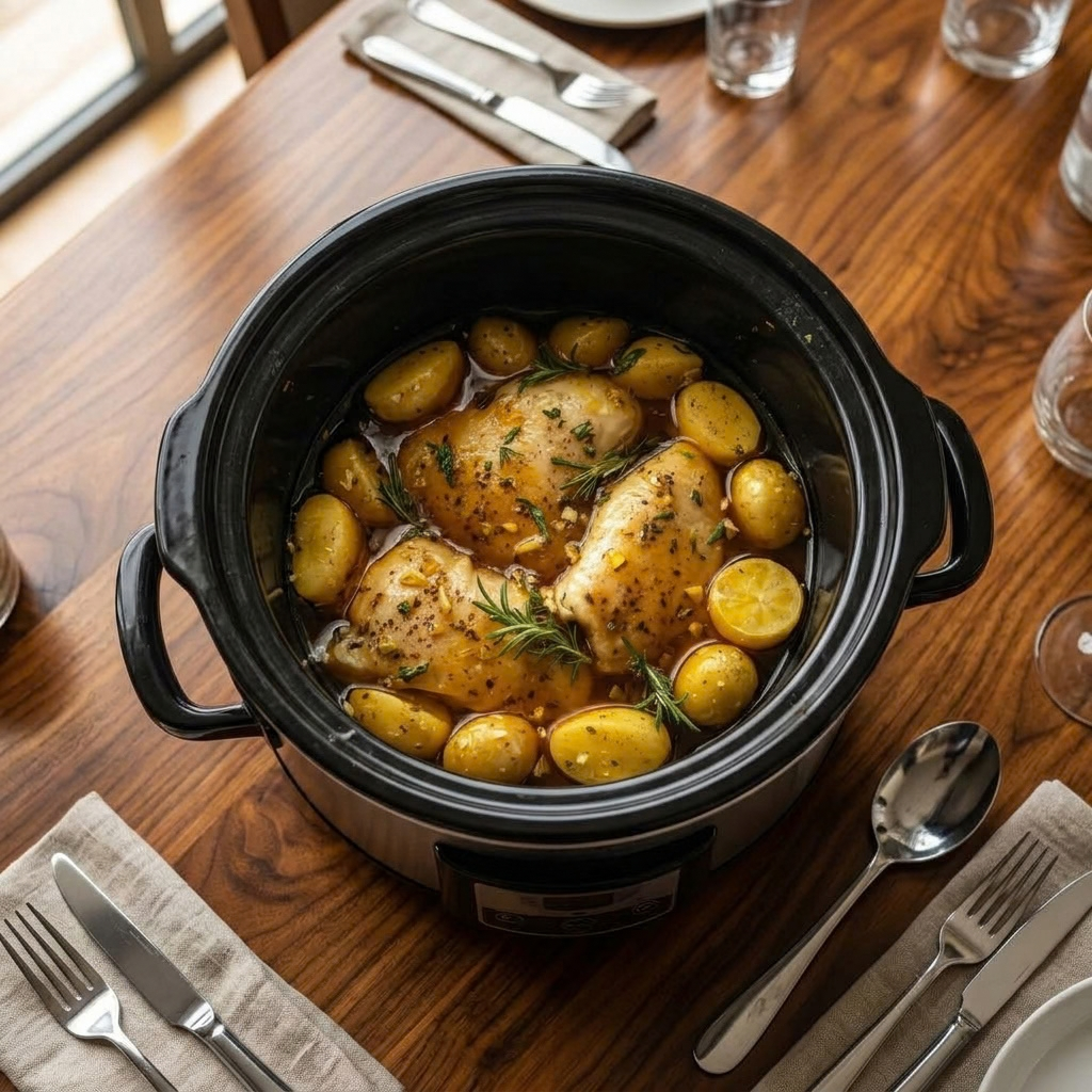 Crockpot chicken and potatoes is a simple comfort meal made with tender chicken, baby potatoes, garlic, rosemary, and a flavorful broth. The slow cooker brings all the ingredients together while keeping the chicken juicy and the potatoes perfectly tender.