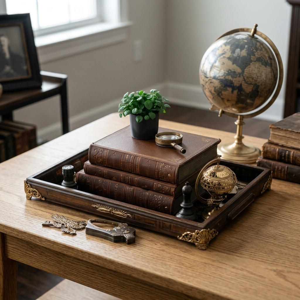 dark academia library setting, resting on a medium-toned wooden table. The entire rectangular dark wooden tray, decorated with ornate gold corner pieces, is visible in full view. Inside the tray sits a stack of three worn, brown leather-bound books, with a tiny potted green plant and a brass magnifying glass on top. Next to the books are a small brass globe, a dark chess piece, and an inkwell, with vintage keys and trinkets lying nearby on the table. To the right, a large vintage tabletop globe is visible, and the background features bookshelves, stacks of old books, and a framed picture, captured under soft daylight from a window.