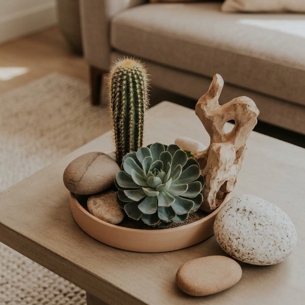 beige ceramic tray decorated as a Desert Modern Sculpture Garden, resting on a light-colored wooden coffee table. Inside the tray, a tall columnar cactus, a large rosette-shaped green succulent, a few smooth natural stones, and a piece of weathered, sculptural driftwood with natural openings are fully visible. On the table next to the tray are additional smooth, rounded stones. The complete tray is shown in natural daylight within a cozy living room setting, featuring a textured rug and the edge of a neutral-toned sofa in the background.