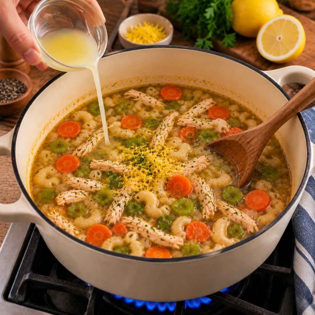 Stir in the lemon juice and zest to brighten the flavor of the broth. Taste the soup and adjust the salt and pepper if needed.