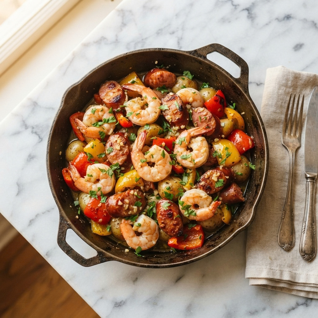 a round black cast-iron skillet featuring plump shrimp, smoked sausage rounds, roasted baby potatoes, and red and yellow bell pepper chunks tossed in a garlic butter sauce and garnished with parsley, set on a white marble surface next to silverware on a napkin.