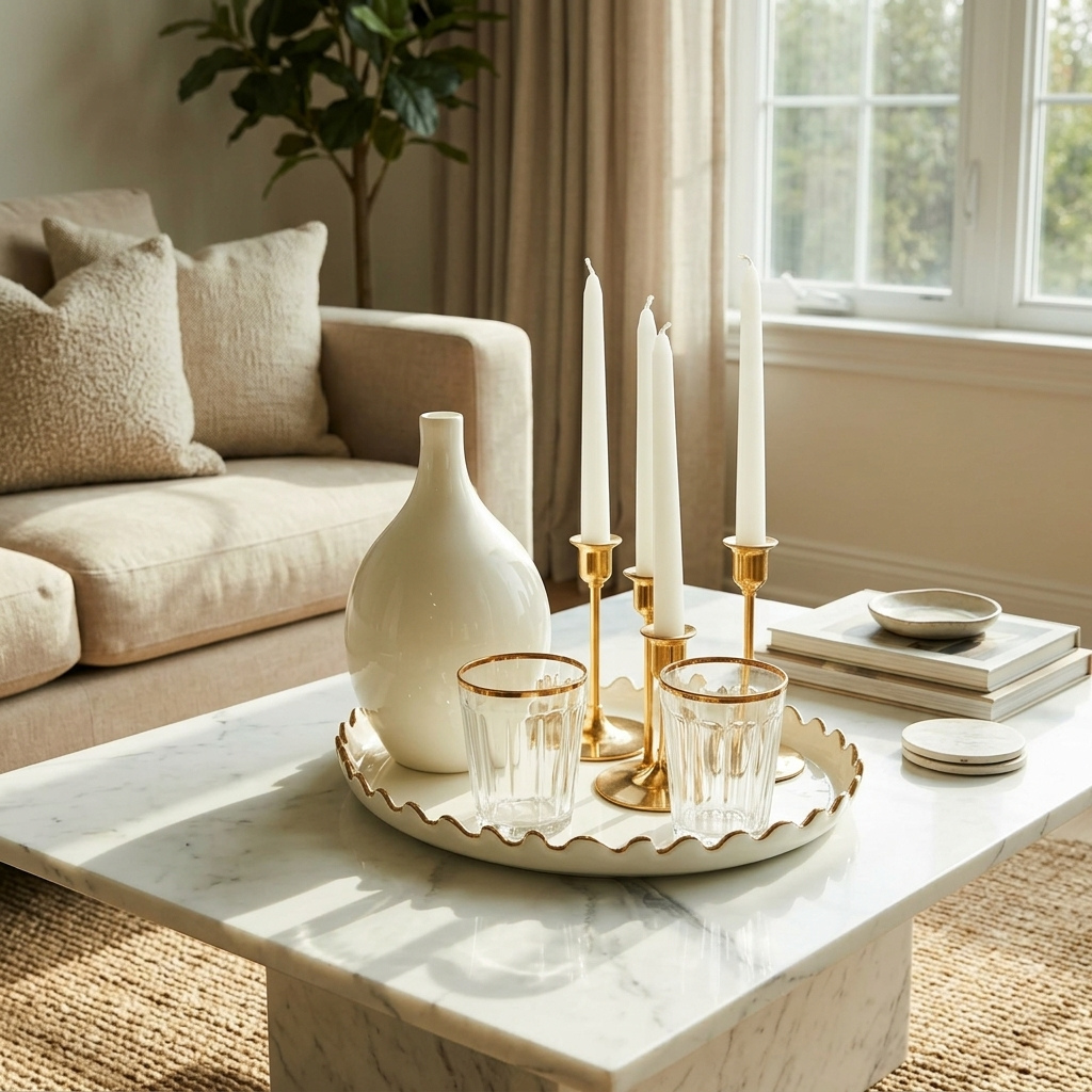Golden Hour Serenity Coffee Table Tray Decor" shown completely on a square white marble coffee table in a bright, sunlit living room. The round white ceramic tray (image_5.png) with its wavy gold-trimmed edge is fully visible in the lower center, holding a large white ceramic vase, three brass candlestick holders with tall white taper candles, and two gold-rimmed ribbed glass cups. Natural golden afternoon sunlight streams through a large window with soft beige drapes in the background, casting warm highlights and shadows across the table and tray. Stacked books, a small dish, and coasters sit on the table nearby. A plush beige sofa with textured throw pillows, a potted fiddle-leaf fig tree, and a woven natural-fiber rug complete the cozy living space.
