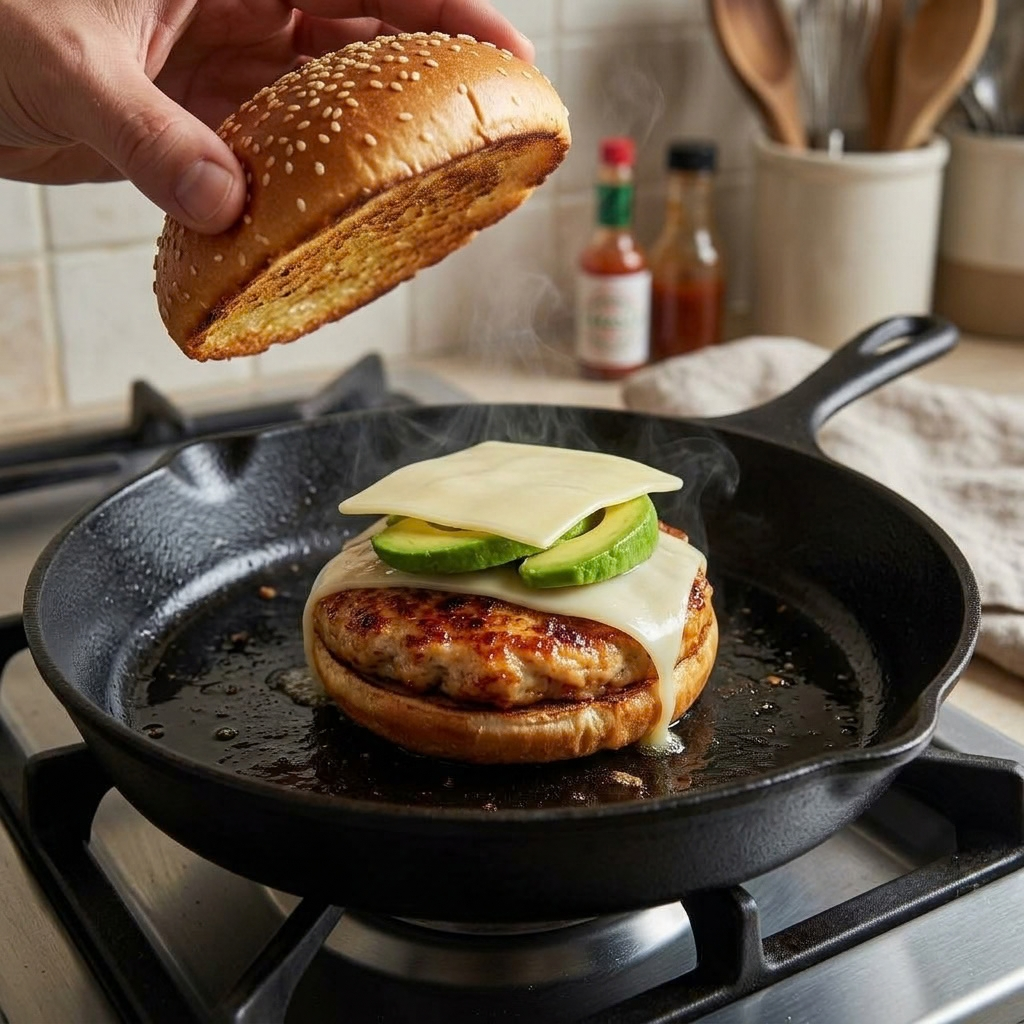 a black cast-iron skillet on a kitchen stovetop, containing a sizziling grilled chicken burger, inspired by image_26.png. The entire skillet is visible, showing a grilled chicken patty on a toasted bottom bun, layered with melting cheese, sliced green avocado, and an additional slice of cheese. Wisps of steam rise as a hand lowers a toasted sesame seed top bun over the burger. The background features tiled kitchen walls, sauce bottles, wooden utensils, and a linen towel, creating a natural and focused cooking scene.
