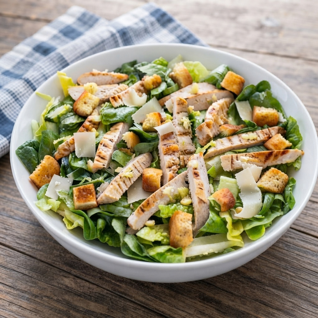 a white ceramic bowl containing a classic Caesar salad tossed with chopped romaine lettuce, golden-brown croutons, sliced grilled chicken breast strips, and large shavings of Parmesan cheese, with a blue and white checkered napkin in the background.
